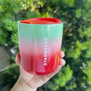 New Starbucks ombré short red and green ceramic tumbler mug
